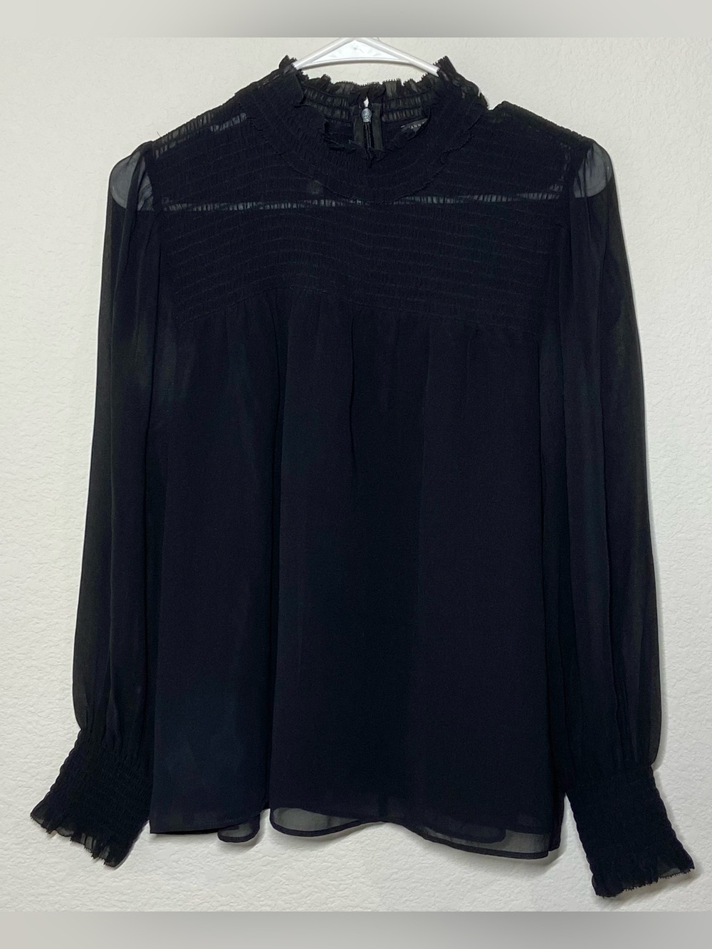 ANN TAYLOR Black Semi Sheer Mock Top Long Sleeve Size Large Petite